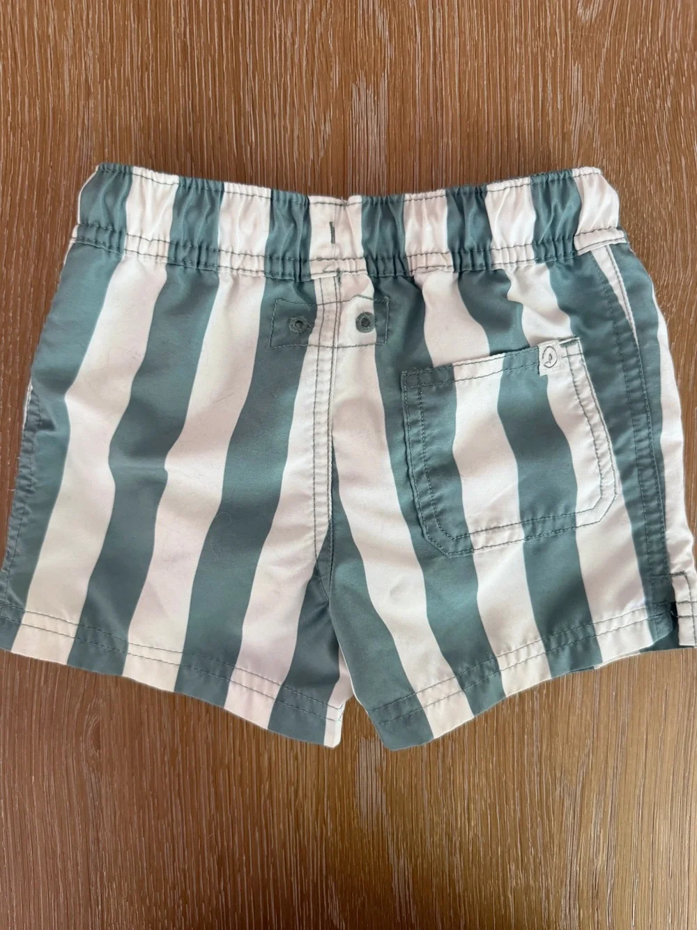Kids Green and White Striped Swim Trunks